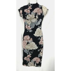 Fashion Nova Women Y2K Fitted Mesh Bodycon Dress Floral Asian Inspired Mock Neck